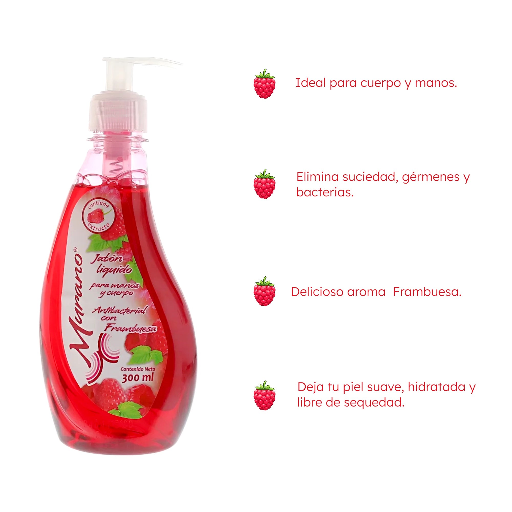 10 Botellas DeJabón Líquido Para Manos y Cuerpo Murano Frambuesa 300 ml - Farvisan