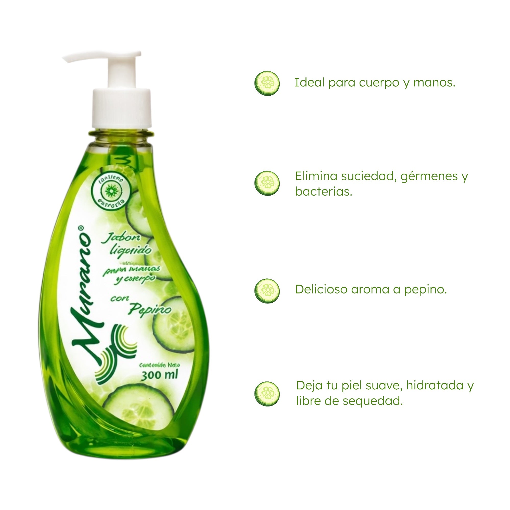 10 Botellas De Jabón Líquido Para Manos y Cuerpo Murano Pepino 300 ml - Farvisan