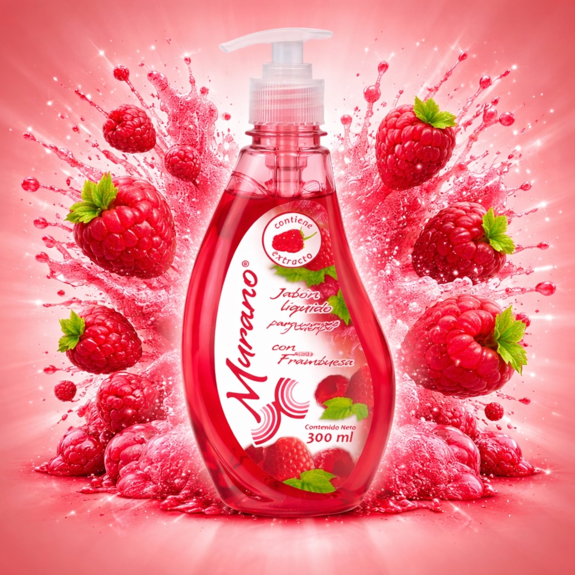 10 Botellas DeJabón Líquido Para Manos y Cuerpo Murano Frambuesa 300 ml - Farvisan