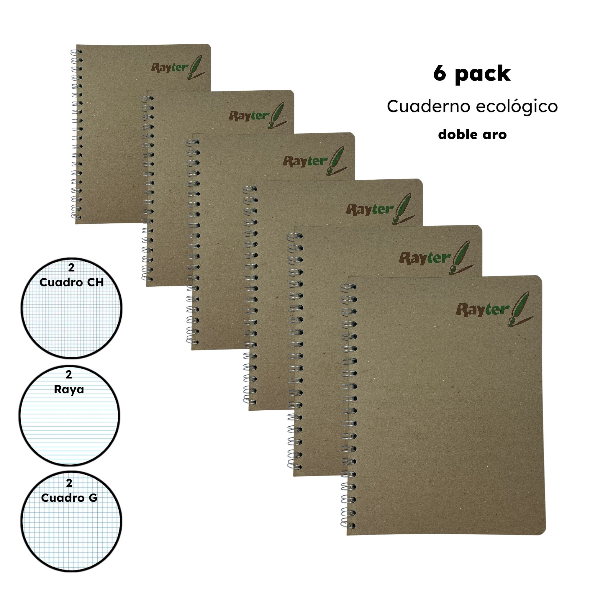 6 Pack Libretas Profesionales Ecológicas Rayter 100 Hojas Doble Aro Cuadro Chico, Grande y Raya - Farvisan