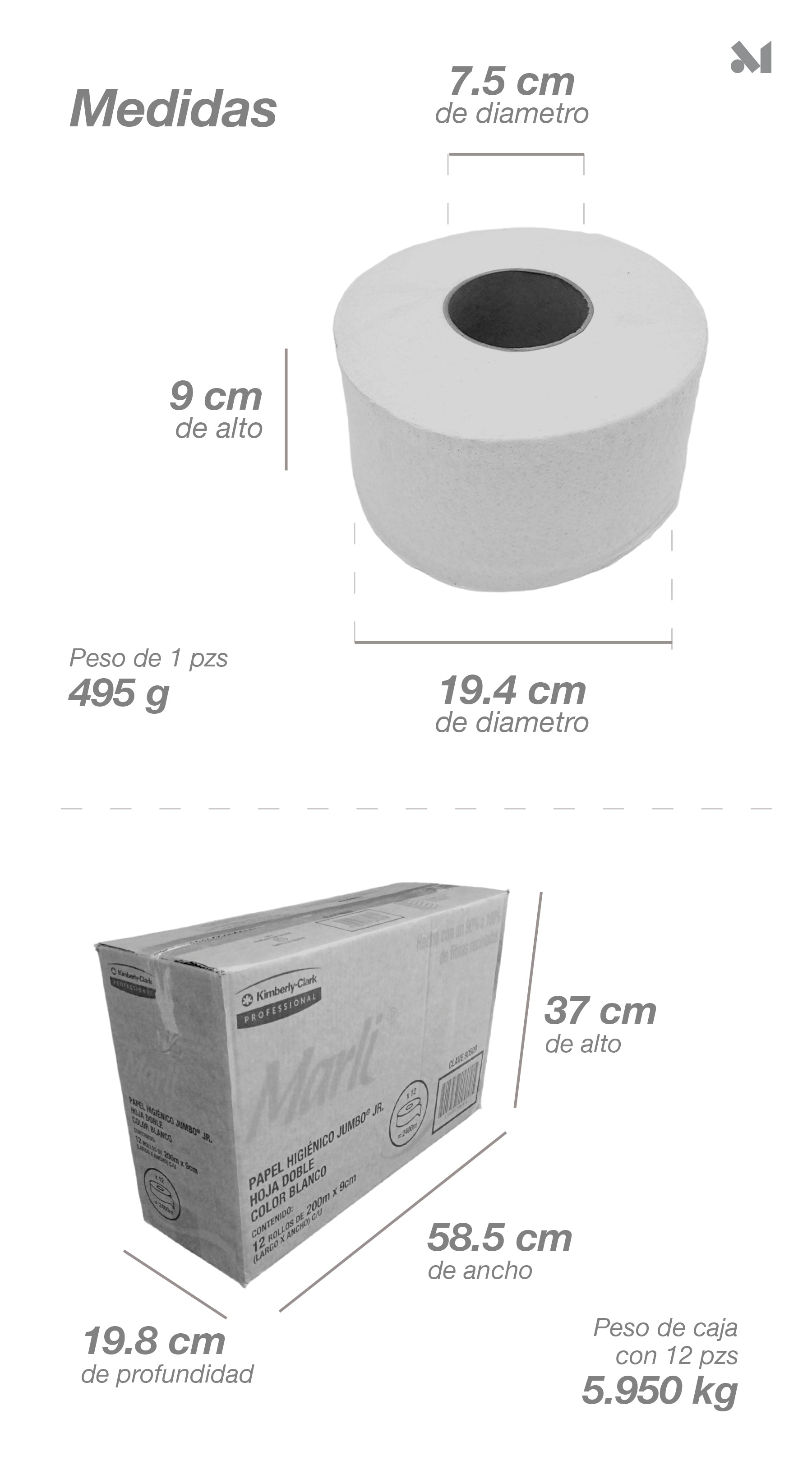 12 Rollos de Papel Higiénico Jumbo JR Doble Hoja 200M Marli - Farvisan