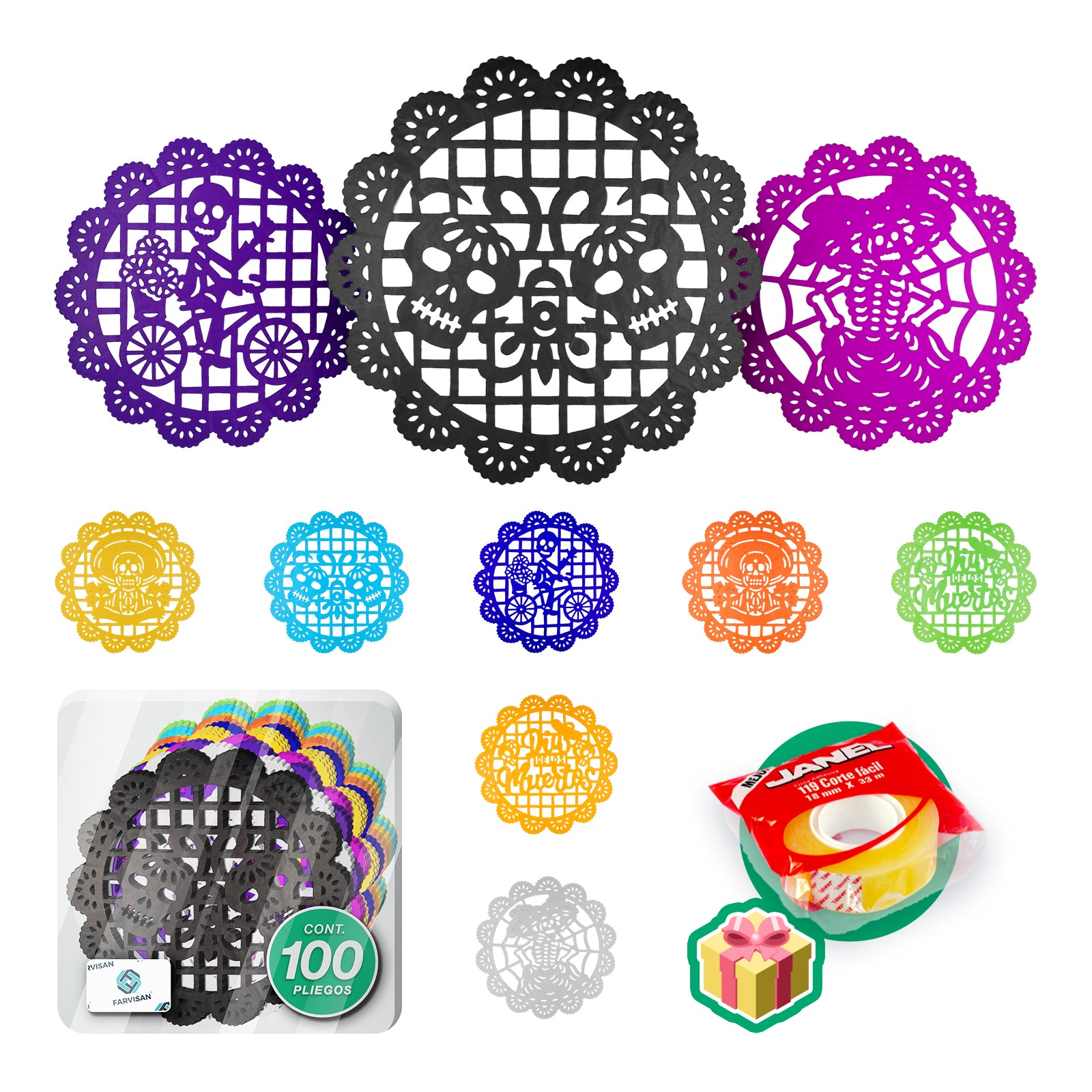 Pack 5 Paquetes Papel Picado Día de Muertos Farvisan 100 Piezas Multicolor con Cinta de Regalo - Farvisan