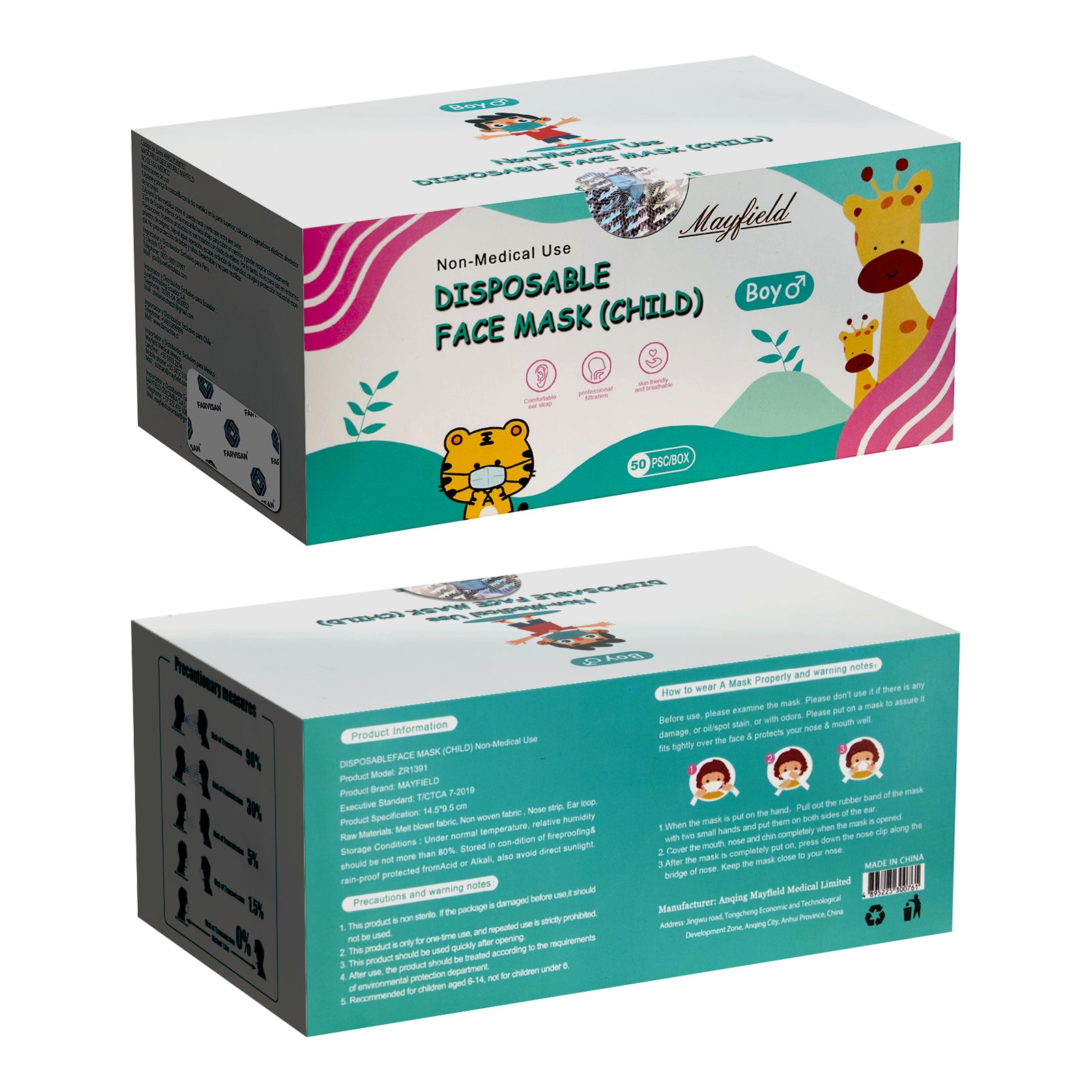 Cubrebocas Infantil Niño Mayfield 14.5×9.5 cm Tricapa – Caja 72 x 50 pzas