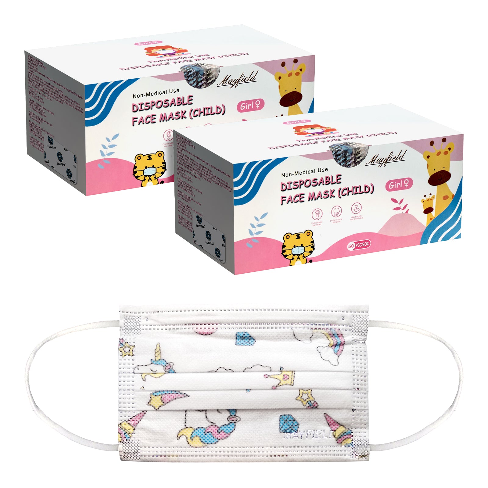 Cubrebocas Infantil Niña Mayfield Tricapa Rosa | Caja con 72 Paquetes de 50 Piezas - Farvisan