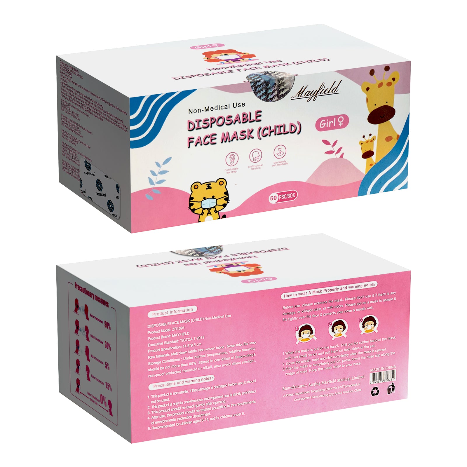 Cubrebocas Infantil Niña Mayfield Tricapa Rosa | Caja con 72 Paquetes de 50 Piezas - Farvisan