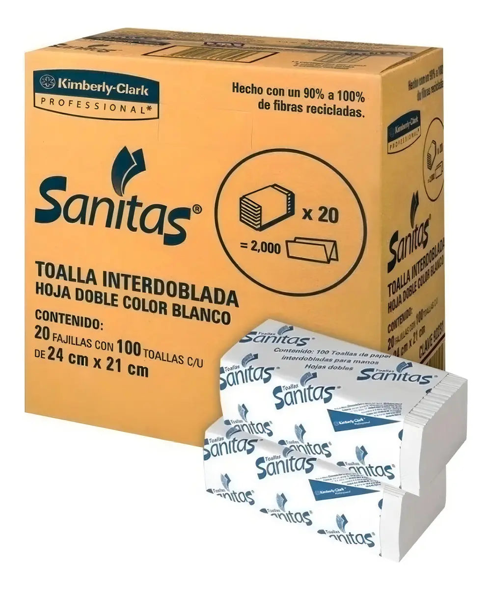 2000 Toallas De Papel Para Manos Interdobladas Doble Hoja Sanitas - Farvisan