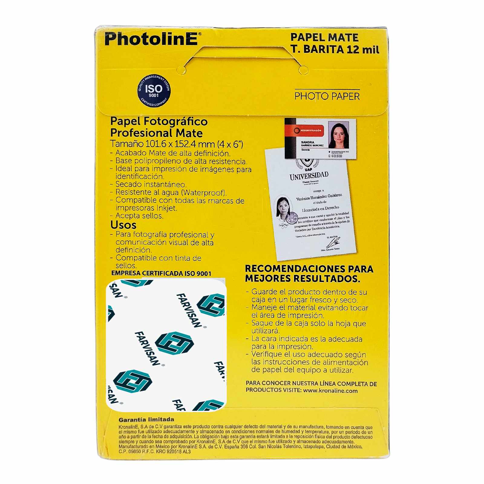 Caja con 12 Paquetes de Papel Fotográfico Barita Mate 4x6" Kronaline – 100 Hojas c/u - Farvisan