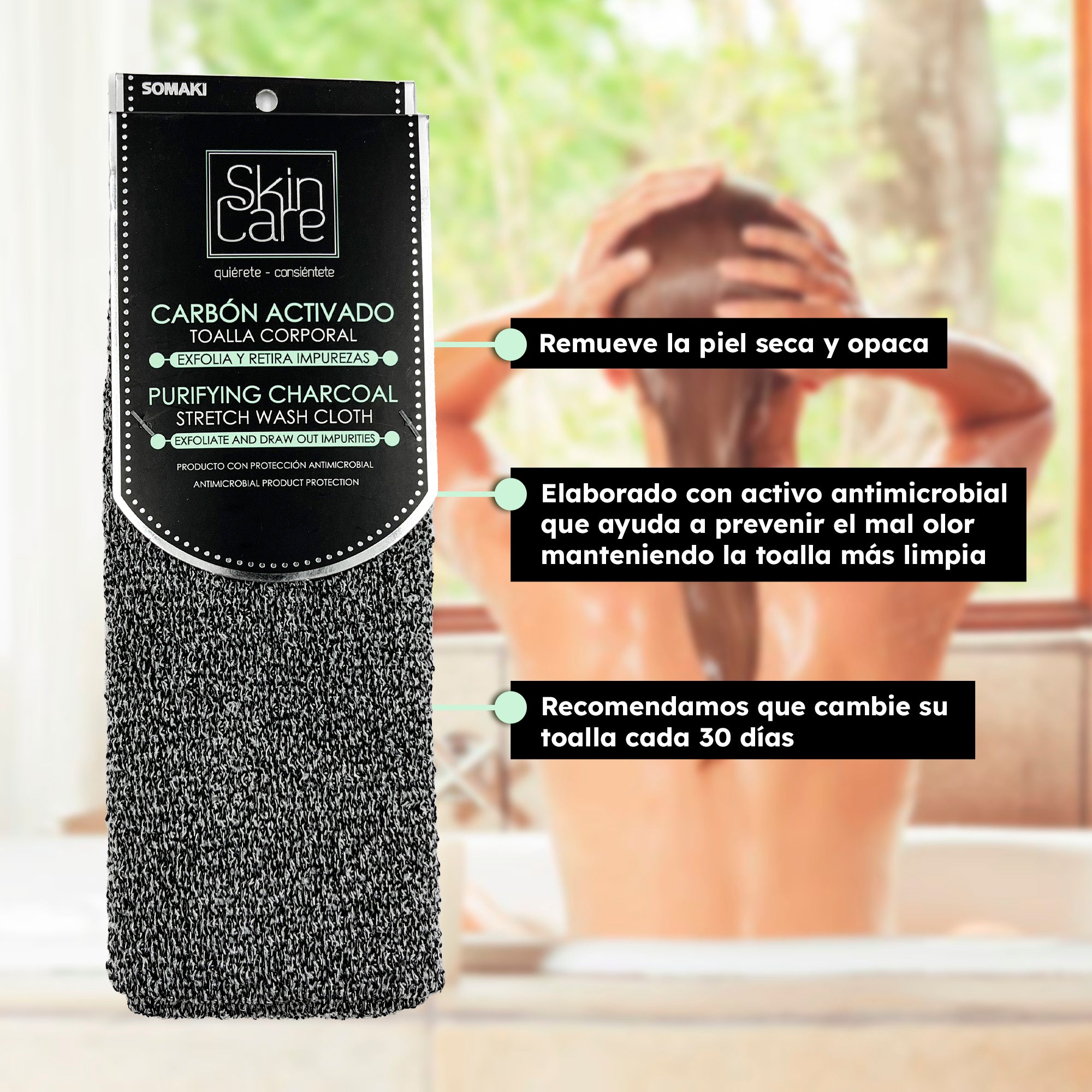 Toalla Exfoliante Corporal con Carbón Activado Somaki – Bolsa con 25 piezas - Farvisan
