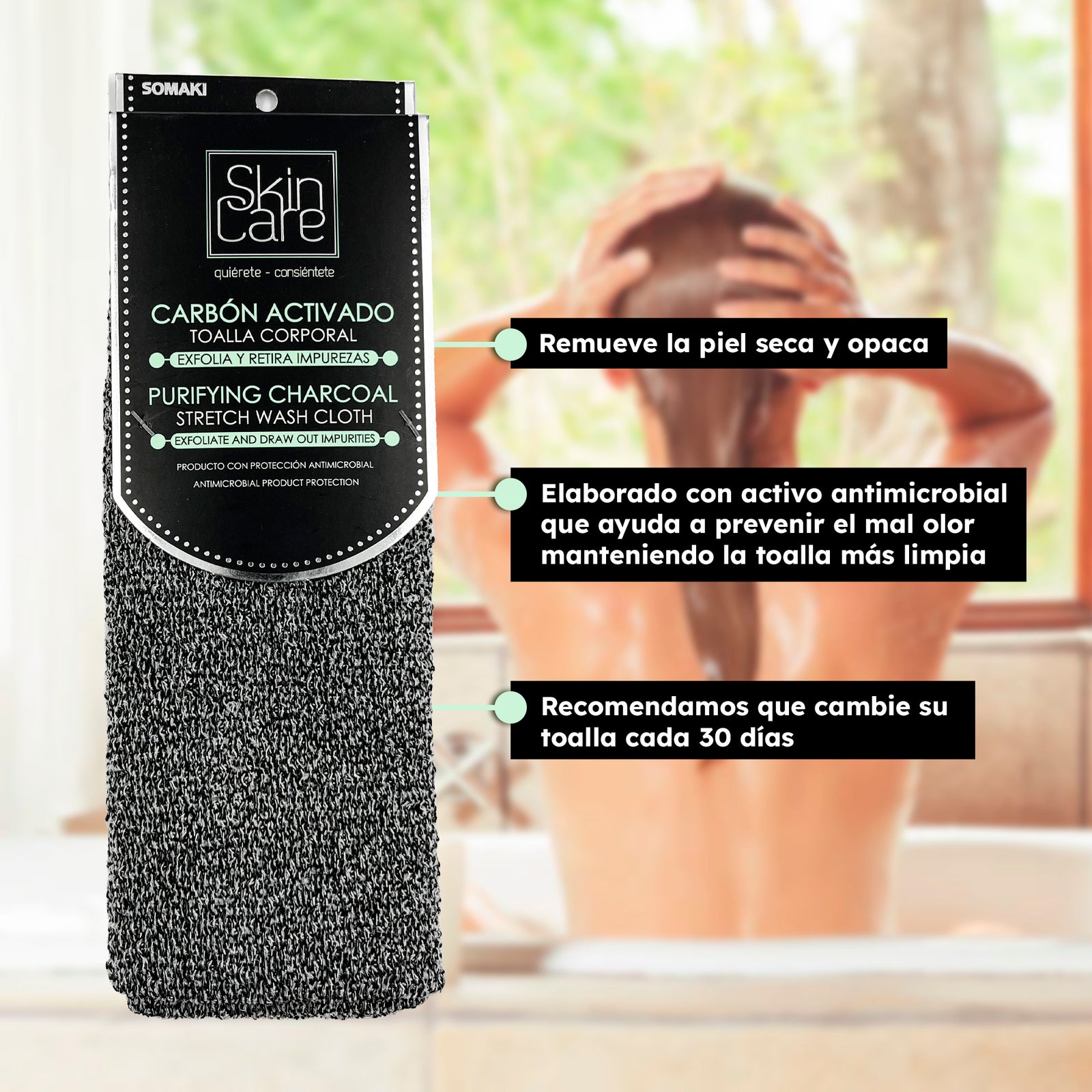 Toalla Exfoliante Corporal con Carbón Activado Somaki – Bolsa con 25 piezas - Farvisan