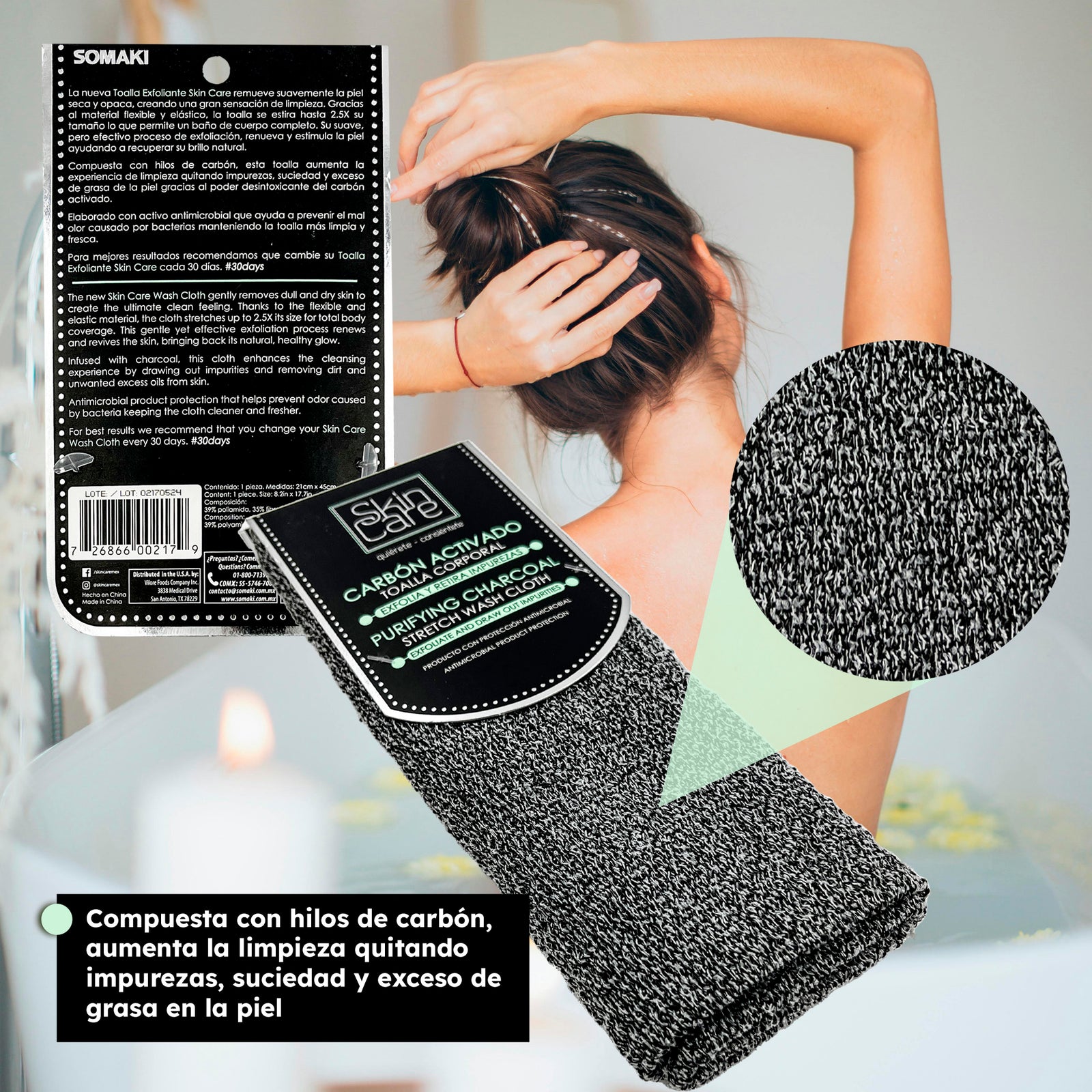 Toalla Exfoliante Corporal con Carbón Activado Somaki – Bolsa con 25 piezas - Farvisan